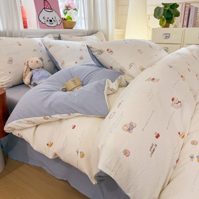 91家纺网 家纺一手货源 找家纺 鑫佳居 2026新款水洗针织提花双层纱四件套 奶油萌宠