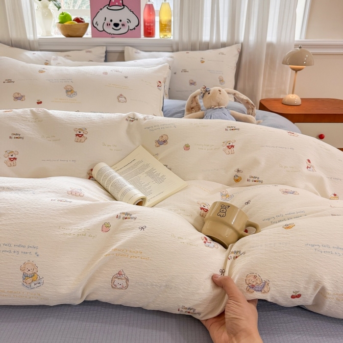 91家纺网 家纺一手货源 找家纺 鑫佳居 2026新款水洗针织提花双层纱四件套 奶油萌宠