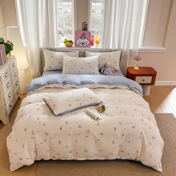 91家纺网 家纺一手货源 找家纺 鑫佳居 2026新款水洗针织提花双层纱四件套 奶油萌宠