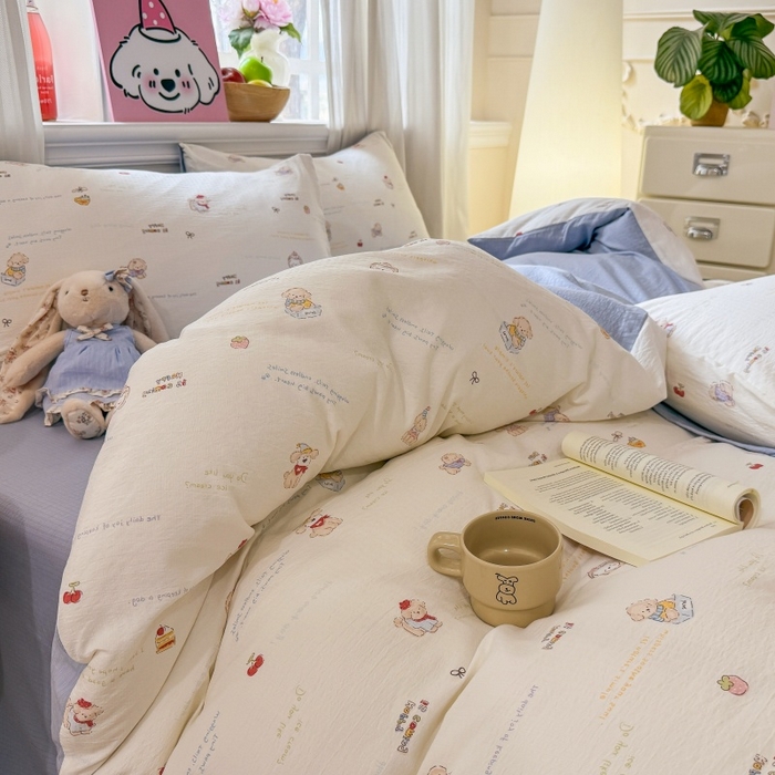 91家纺网 家纺一手货源 找家纺 鑫佳居 2026新款水洗针织提花双层纱四件套 奶油萌宠