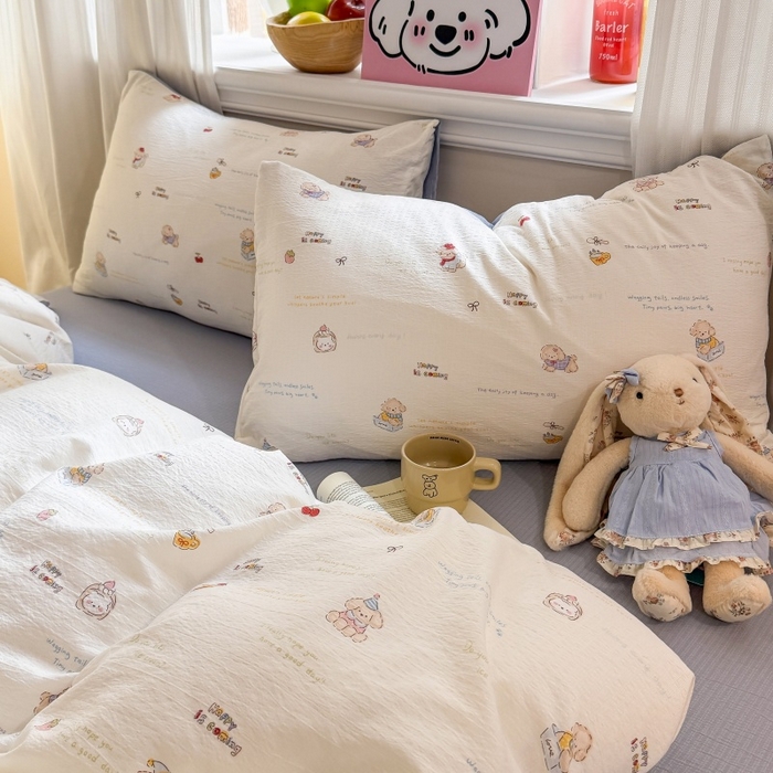 91家纺网 家纺一手货源 找家纺 鑫佳居 2026新款水洗针织提花双层纱四件套 奶油萌宠