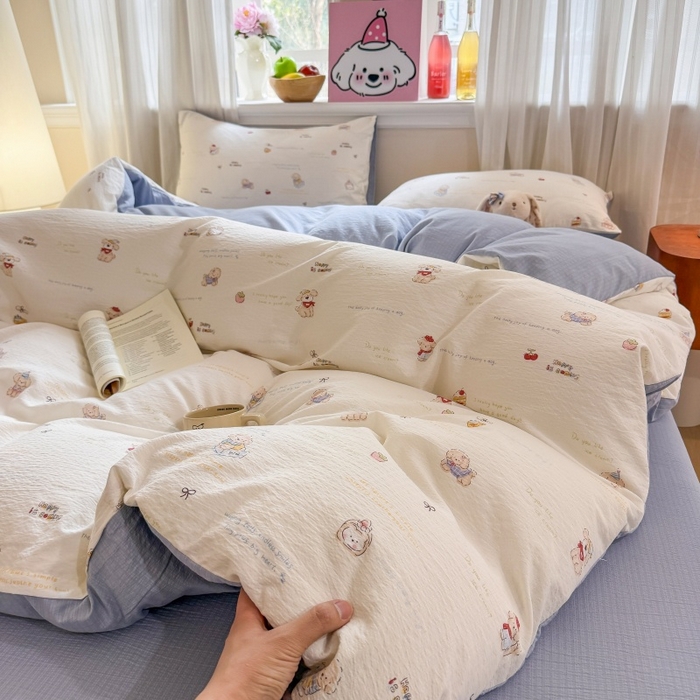 91家纺网 家纺一手货源 找家纺 鑫佳居 2026新款水洗针织提花双层纱四件套 奶油萌宠