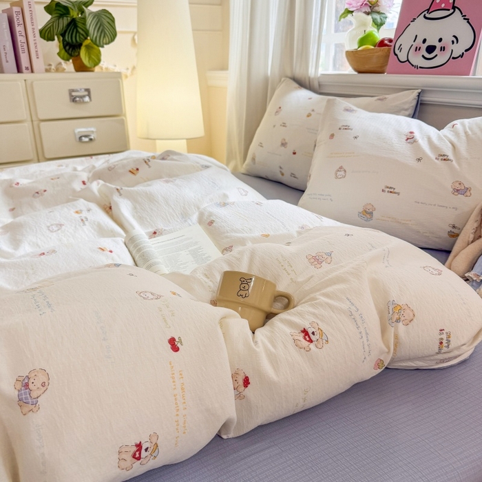 91家纺网 家纺一手货源 找家纺 鑫佳居 2026新款水洗针织提花双层纱四件套 奶油萌宠