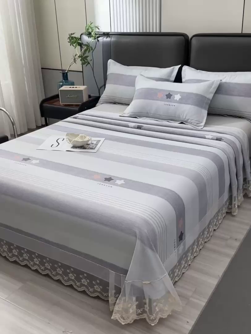 91家纺网 家纺一手货源 找家纺 星窝家纺 2026新款花边老粗布凉席三件套 星辰-灰