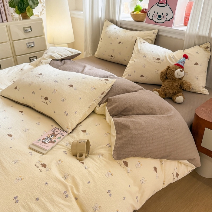 91家纺网 家纺一手货源 找家纺 鑫佳居 2026新款水洗针织提花双层纱四件套 快乐伙伴