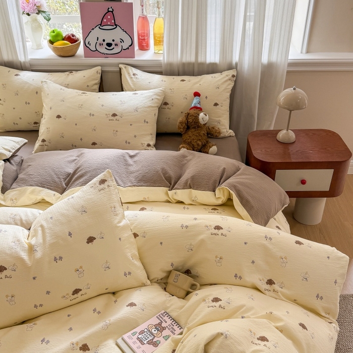 91家纺网 家纺一手货源 找家纺 鑫佳居 2026新款水洗针织提花双层纱四件套 快乐伙伴