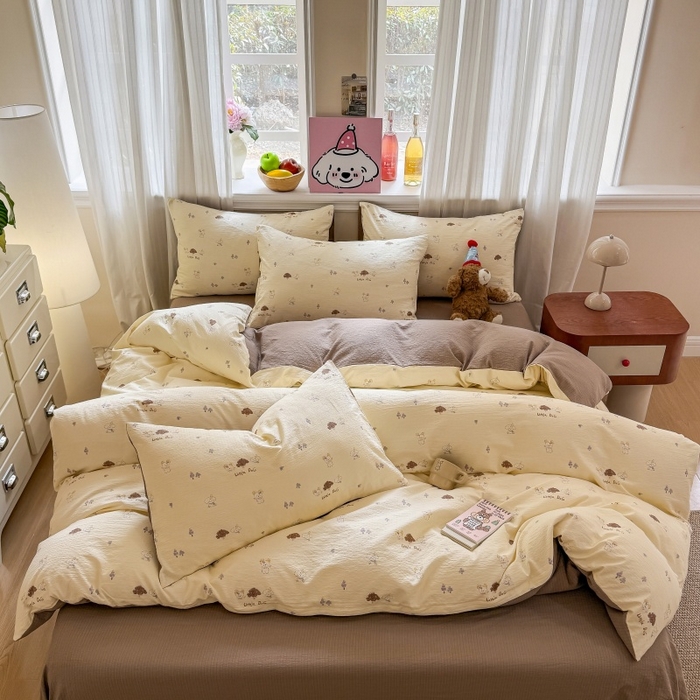 91家纺网 家纺一手货源 找家纺 鑫佳居 2026新款水洗针织提花双层纱四件套 快乐伙伴