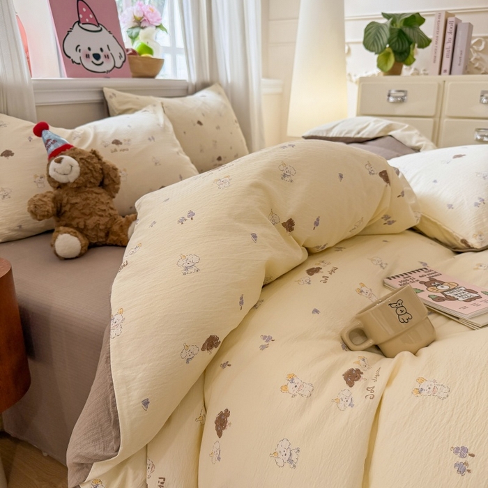 91家纺网 家纺一手货源 找家纺 鑫佳居 2026新款水洗针织提花双层纱四件套 快乐伙伴