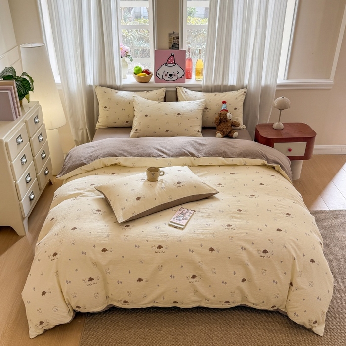 91家纺网 家纺一手货源 找家纺 鑫佳居 2026新款水洗针织提花双层纱四件套 快乐伙伴