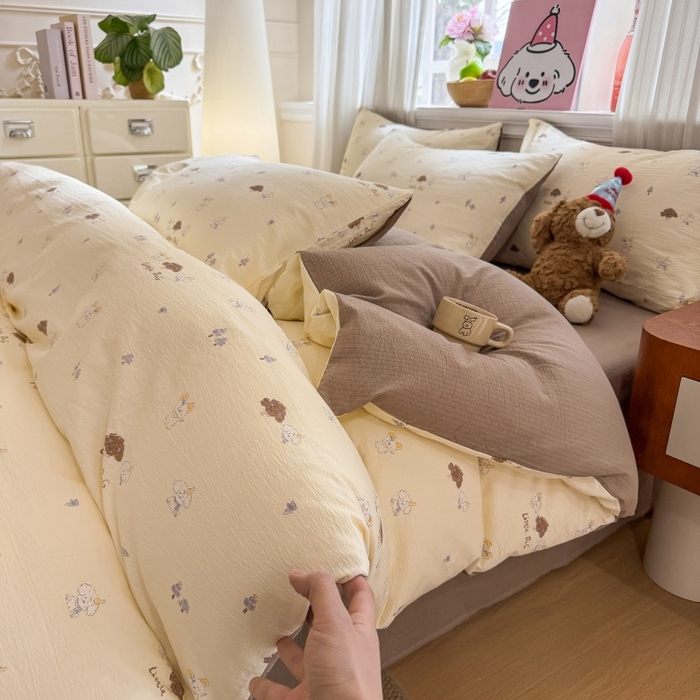 91家纺网 家纺一手货源 找家纺 鑫佳居 2026新款水洗针织提花双层纱四件套 快乐伙伴