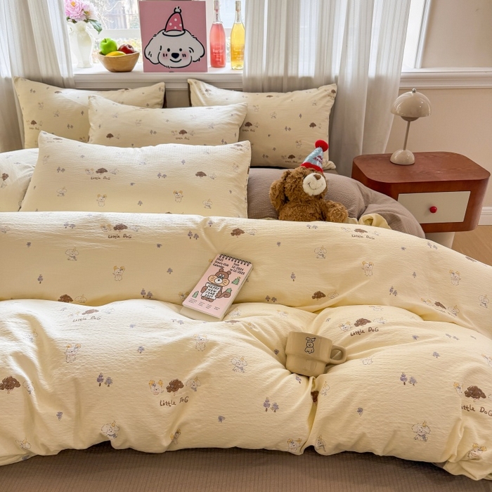 91家纺网 家纺一手货源 找家纺 鑫佳居 2026新款水洗针织提花双层纱四件套 快乐伙伴