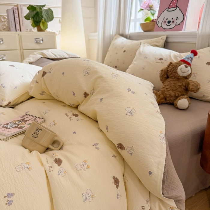 91家纺网 家纺一手货源 找家纺 鑫佳居 2026新款水洗针织提花双层纱四件套 快乐伙伴