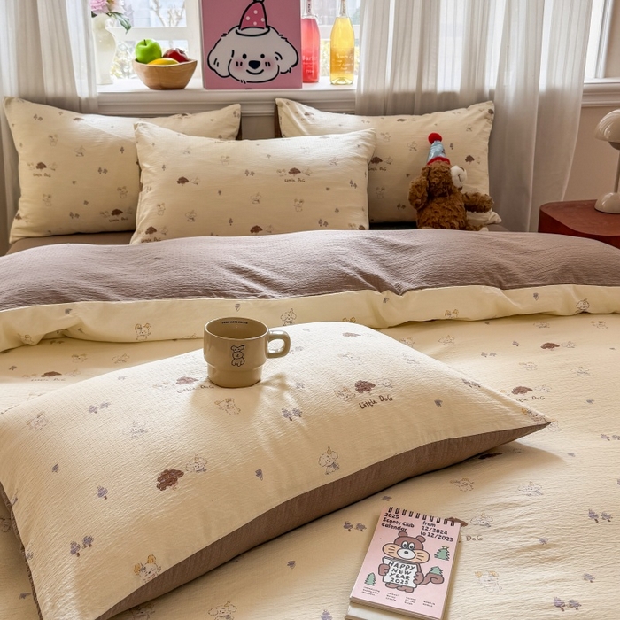 91家纺网 家纺一手货源 找家纺 鑫佳居 2026新款水洗针织提花双层纱四件套 快乐伙伴