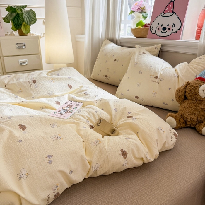 91家纺网 家纺一手货源 找家纺 鑫佳居 2026新款水洗针织提花双层纱四件套 快乐伙伴