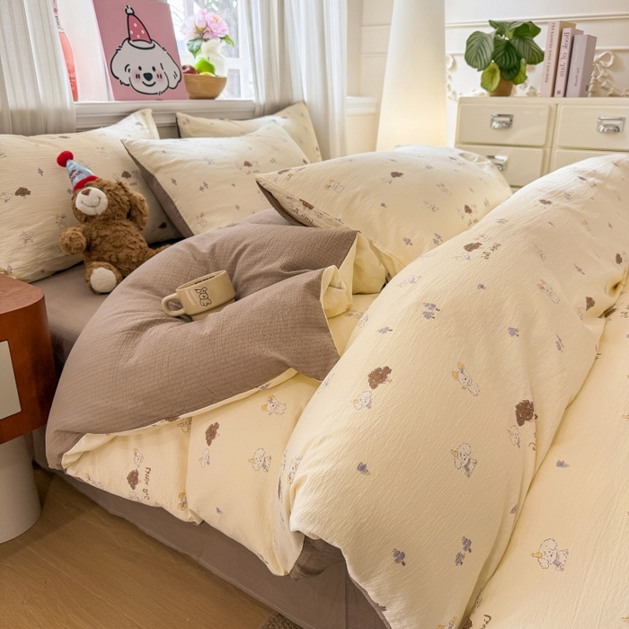 91家纺网 家纺一手货源 找家纺 鑫佳居 2026新款水洗针织提花双层纱四件套 快乐伙伴