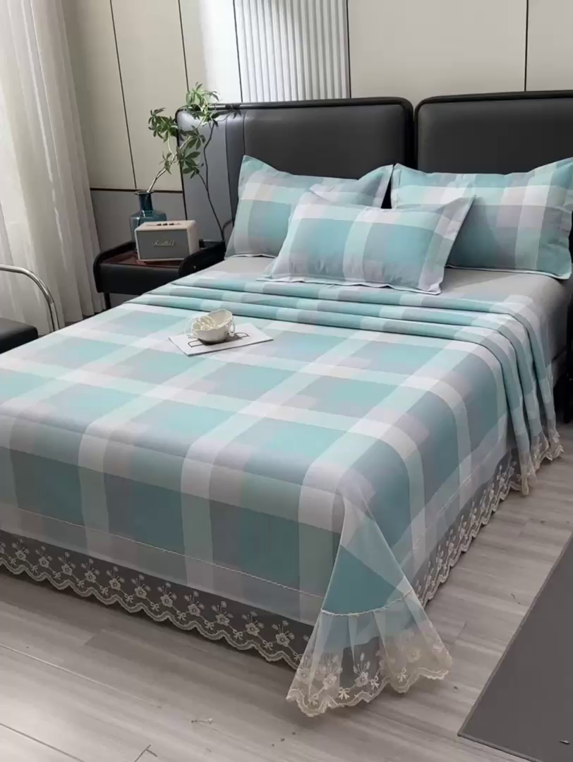 91家纺网 家纺一手货源 找家纺 星窝家纺 2026新款花边老粗布凉席三件套 青春活力-蓝