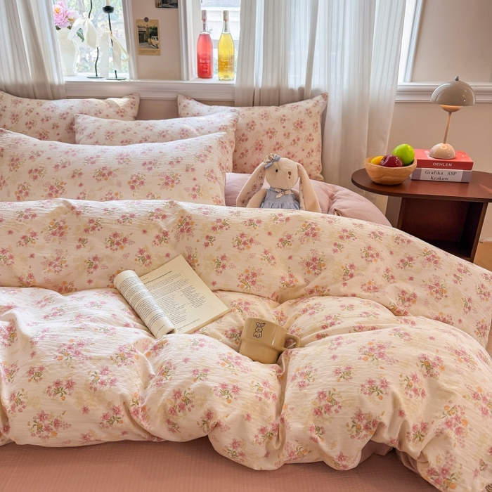 91家纺网 家纺一手货源 找家纺 鑫佳居 2026新款水洗针织提花双层纱四件套 莫奈花园