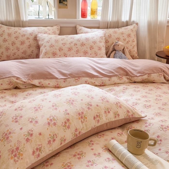 91家纺网 家纺一手货源 找家纺 鑫佳居 2026新款水洗针织提花双层纱四件套 莫奈花园