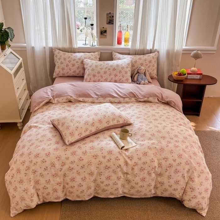 91家纺网 家纺一手货源 找家纺 鑫佳居 2026新款水洗针织提花双层纱四件套 莫奈花园