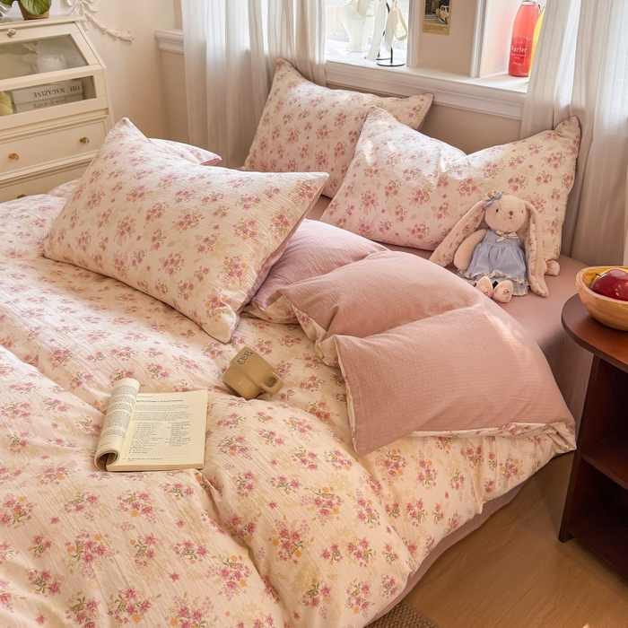 91家纺网 家纺一手货源 找家纺 鑫佳居 2026新款水洗针织提花双层纱四件套 莫奈花园