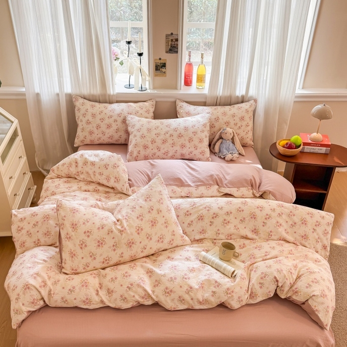 91家纺网 家纺一手货源 找家纺 鑫佳居 2026新款水洗针织提花双层纱四件套 莫奈花园