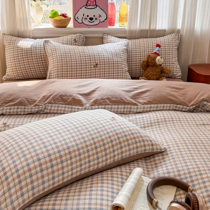 91家纺网 家纺一手货源 找家纺 鑫佳居 2026新款水洗针织提花双层纱四件套 木马格调