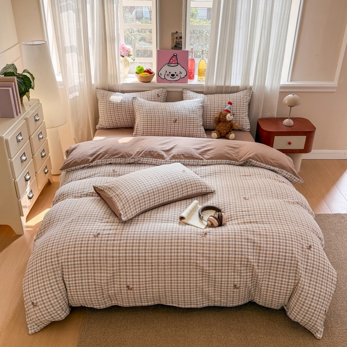 91家纺网 家纺一手货源 找家纺 鑫佳居 2026新款水洗针织提花双层纱四件套 木马格调