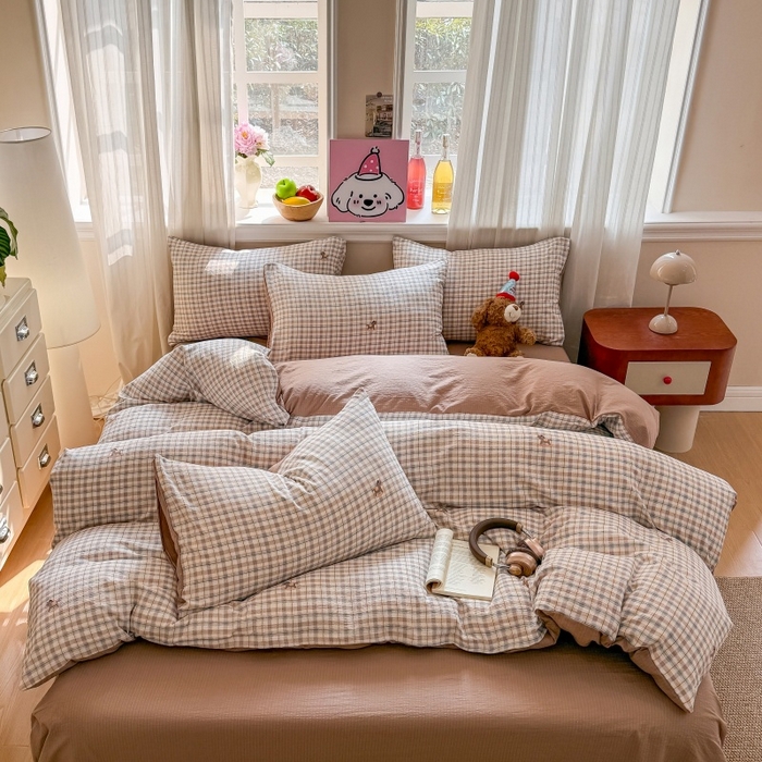 91家纺网 家纺一手货源 找家纺 鑫佳居 2026新款水洗针织提花双层纱四件套 木马格调