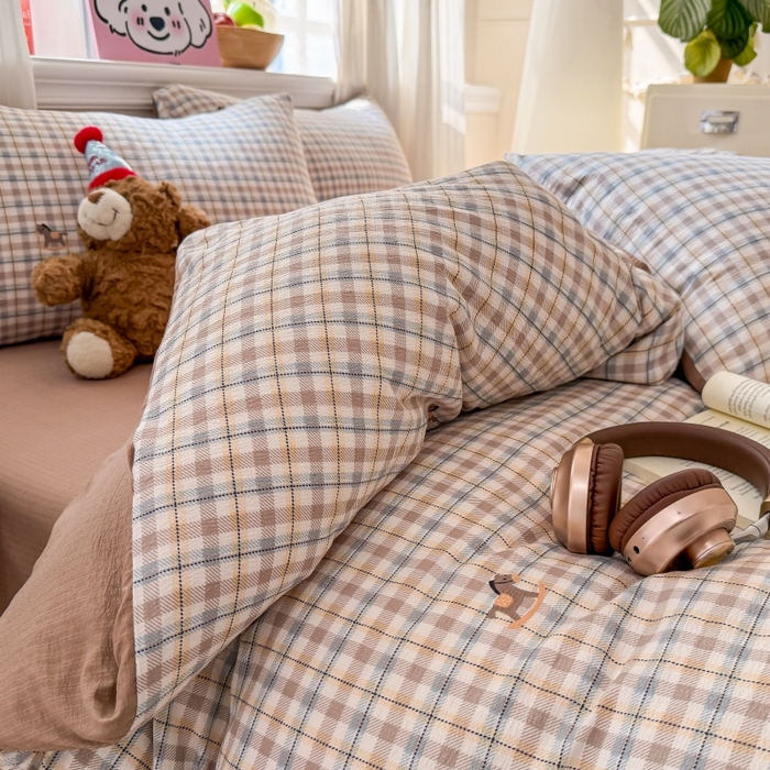 91家纺网 家纺一手货源 找家纺 鑫佳居 2026新款水洗针织提花双层纱四件套 木马格调