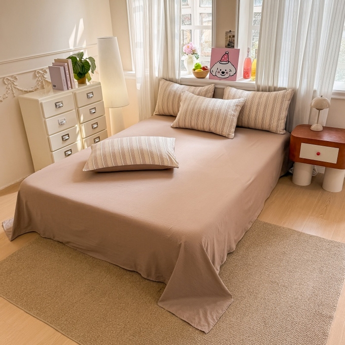 91家纺网 家纺一手货源 找家纺 鑫佳居 2026新款水洗针织提花双层纱四件套 复古咖条