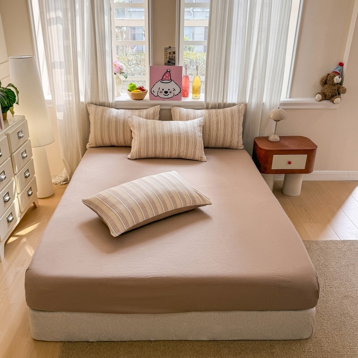 91家纺网 家纺一手货源 找家纺 鑫佳居 2026新款水洗针织提花双层纱四件套 复古咖条