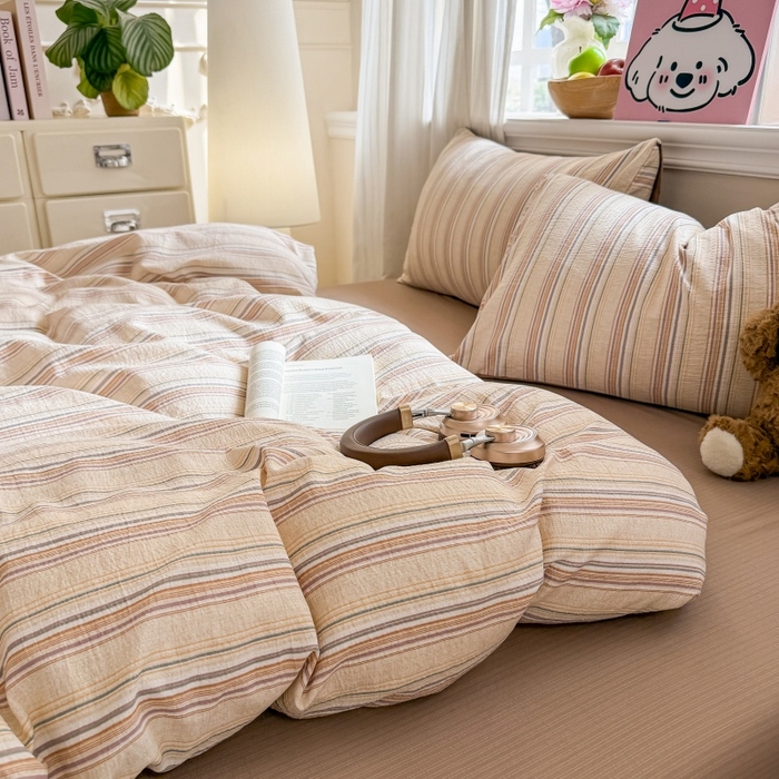 91家纺网 家纺一手货源 找家纺 鑫佳居 2026新款水洗针织提花双层纱四件套 复古咖条