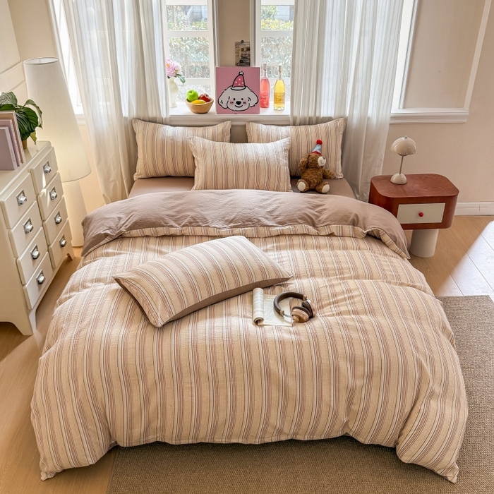 91家纺网 家纺一手货源 找家纺 鑫佳居 2026新款水洗针织提花双层纱四件套 复古咖条