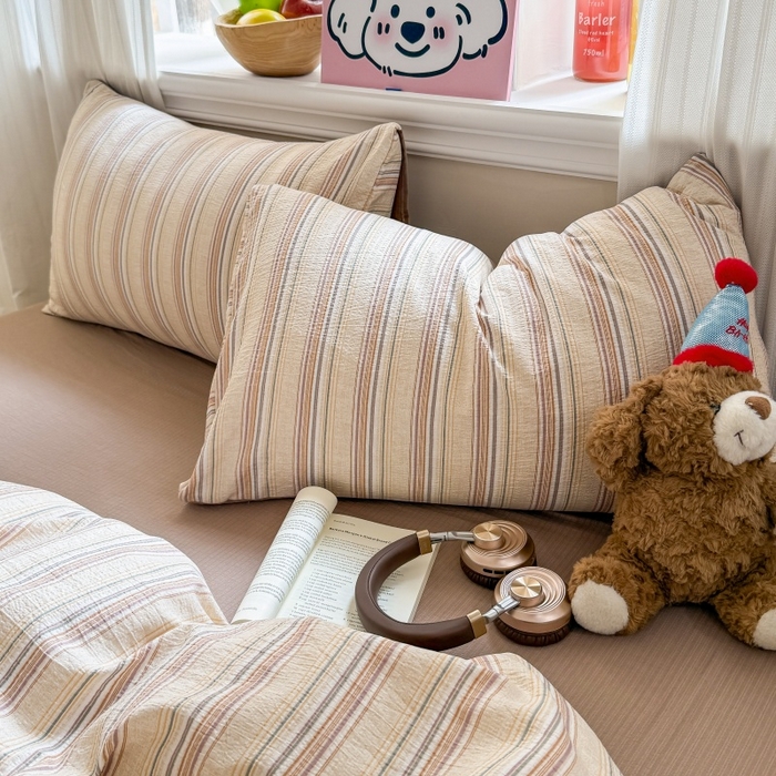 91家纺网 家纺一手货源 找家纺 鑫佳居 2026新款水洗针织提花双层纱四件套 复古咖条