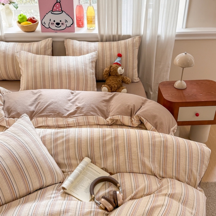 91家纺网 家纺一手货源 找家纺 鑫佳居 2026新款水洗针织提花双层纱四件套 复古咖条