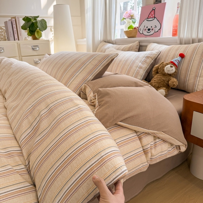 91家纺网 家纺一手货源 找家纺 鑫佳居 2026新款水洗针织提花双层纱四件套 复古咖条