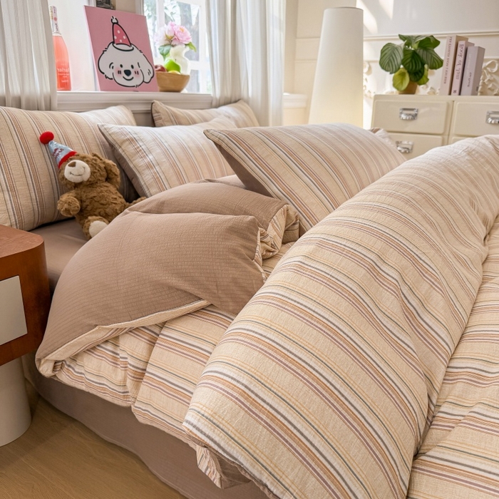 91家纺网 家纺一手货源 找家纺 鑫佳居 2026新款水洗针织提花双层纱四件套 复古咖条