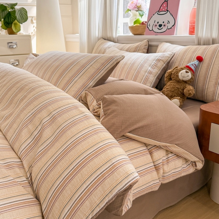 鑫佳居 2026新款水洗针织提花双层纱四件套 复古咖条