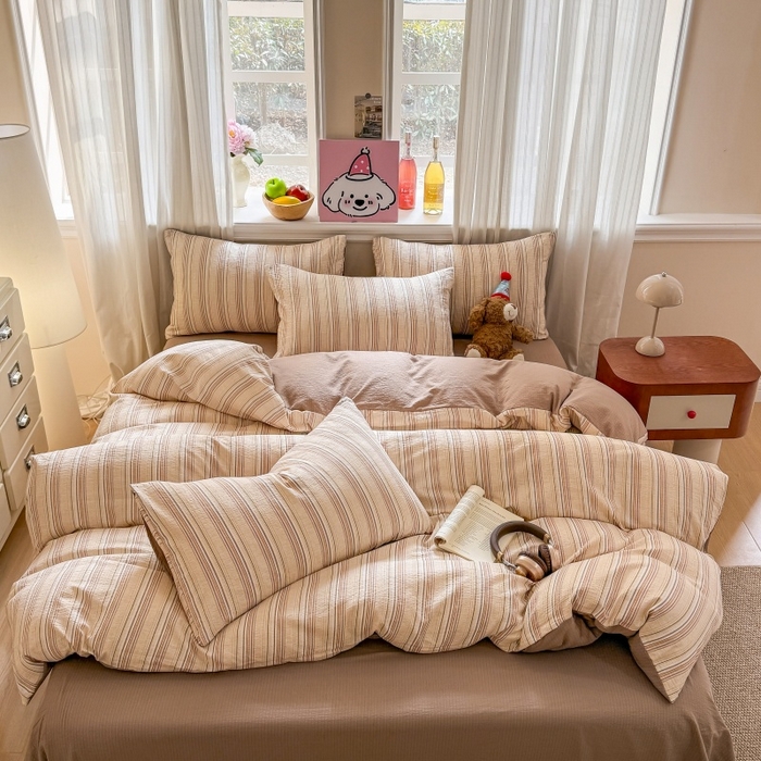 91家纺网 家纺一手货源 找家纺 鑫佳居 2026新款水洗针织提花双层纱四件套 复古咖条