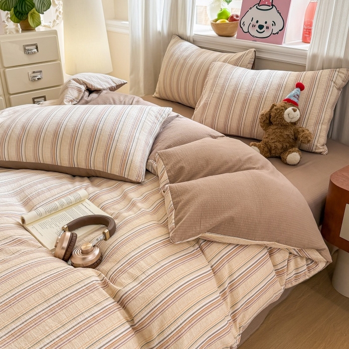 91家纺网 家纺一手货源 找家纺 鑫佳居 2026新款水洗针织提花双层纱四件套 复古咖条