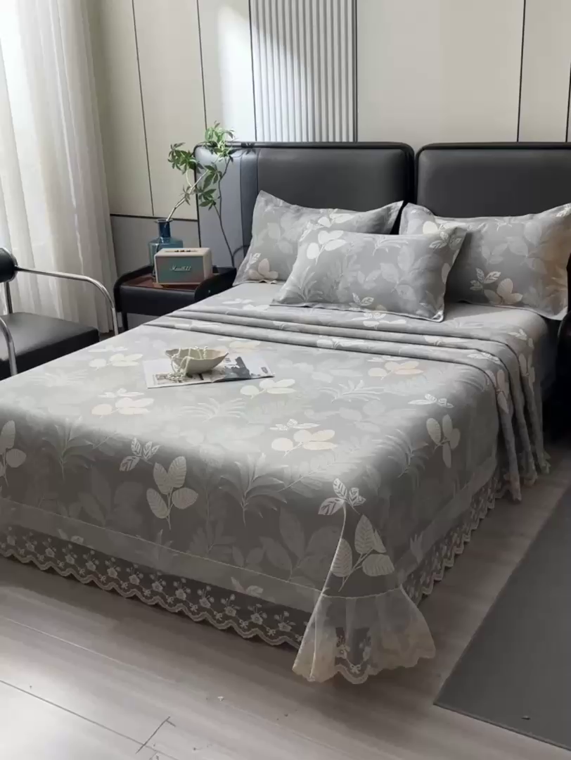 91家纺网 家纺一手货源 找家纺 星窝家纺 2026新款花边老粗布凉席三件套 春旭日-灰