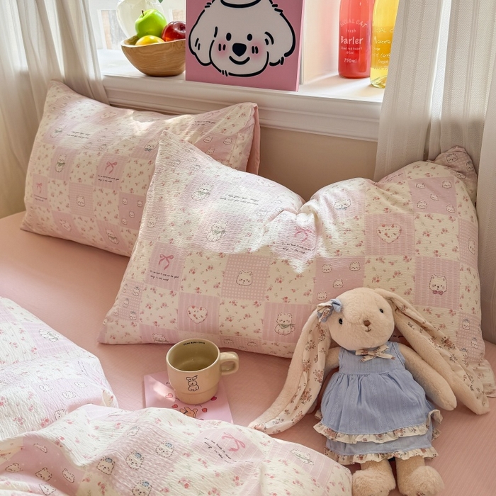 91家纺网 家纺一手货源 找家纺 鑫佳居 2026新款水洗针织提花双层纱四件套 KT萌熊