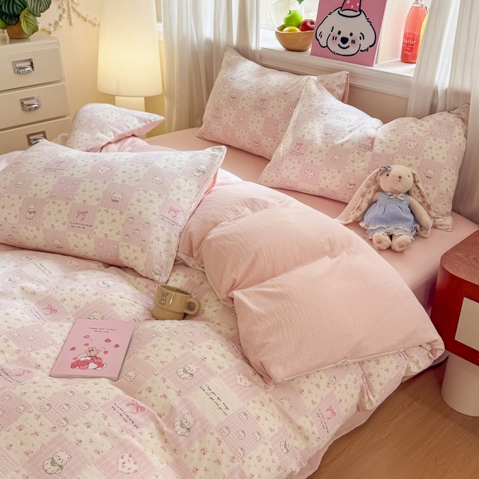 91家纺网 家纺一手货源 找家纺 鑫佳居 2026新款水洗针织提花双层纱四件套 KT萌熊