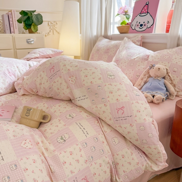 91家纺网 家纺一手货源 找家纺 鑫佳居 2026新款水洗针织提花双层纱四件套 KT萌熊