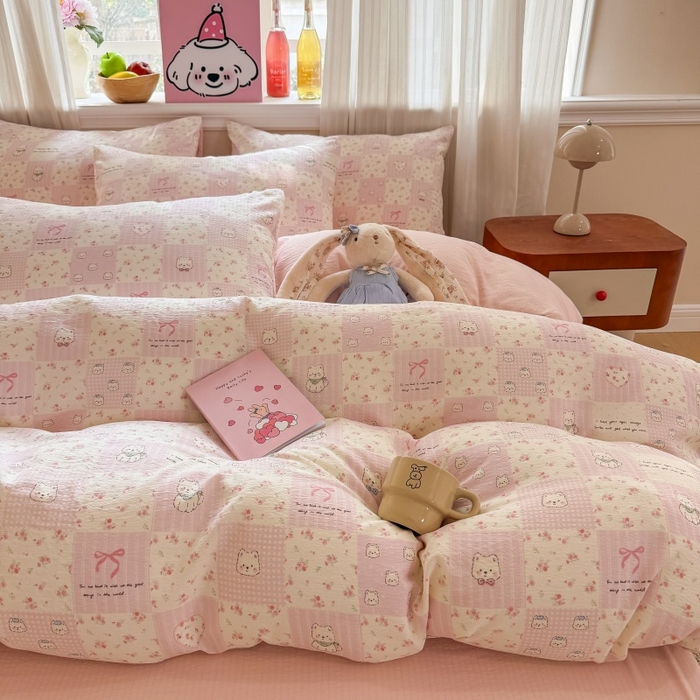 91家纺网 家纺一手货源 找家纺 鑫佳居 2026新款水洗针织提花双层纱四件套 KT萌熊