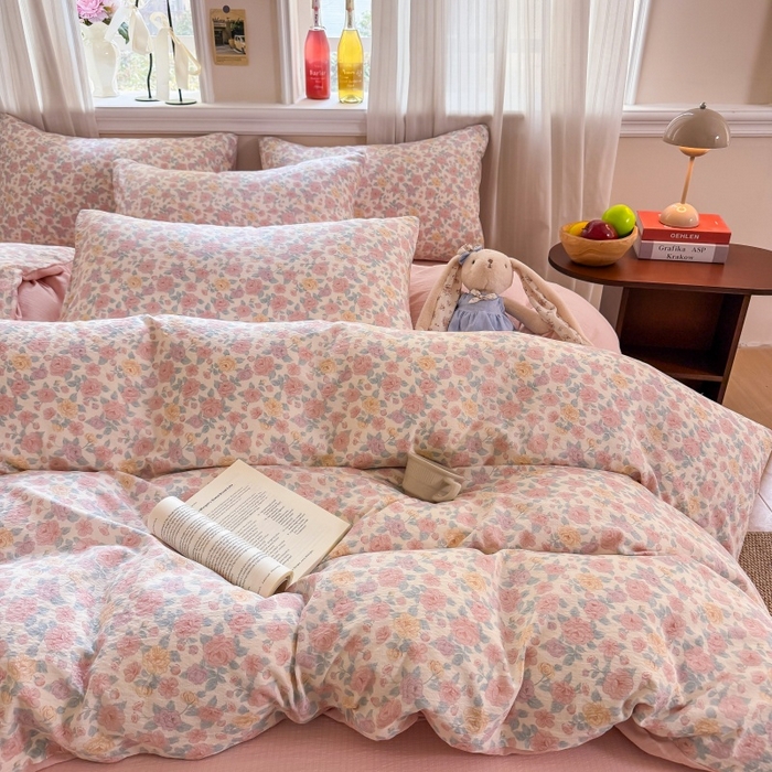 91家纺网 家纺一手货源 找家纺 鑫佳居 2026新款水洗针织提花双层纱四件套 春日花香