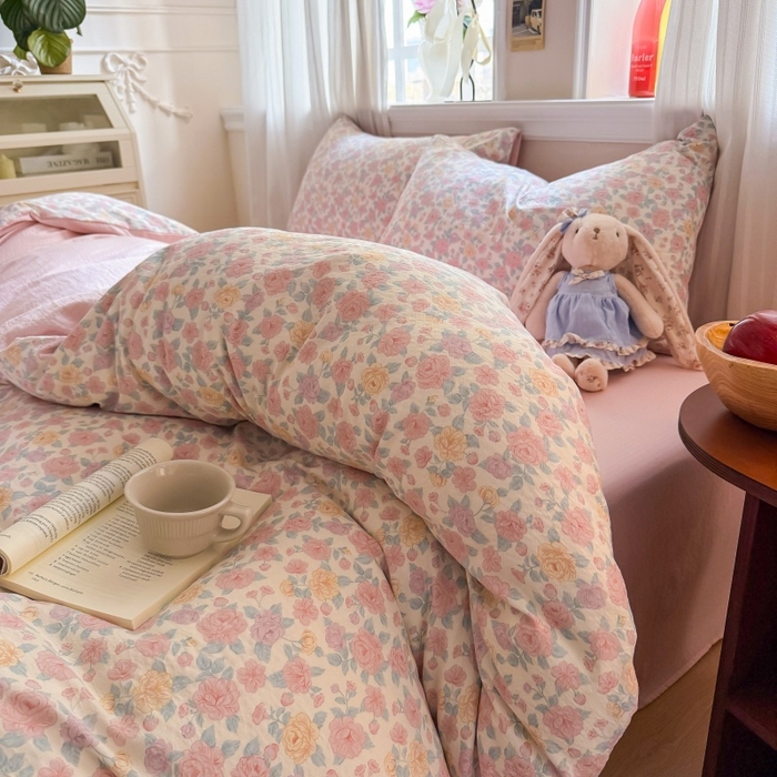 91家纺网 家纺一手货源 找家纺 鑫佳居 2026新款水洗针织提花双层纱四件套 春日花香