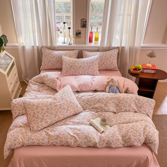 91家纺网 家纺一手货源 找家纺 鑫佳居 2026新款水洗针织提花双层纱四件套 春日花香