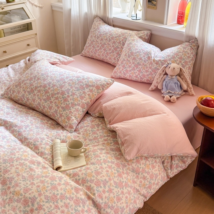 91家纺网 家纺一手货源 找家纺 鑫佳居 2026新款水洗针织提花双层纱四件套 春日花香