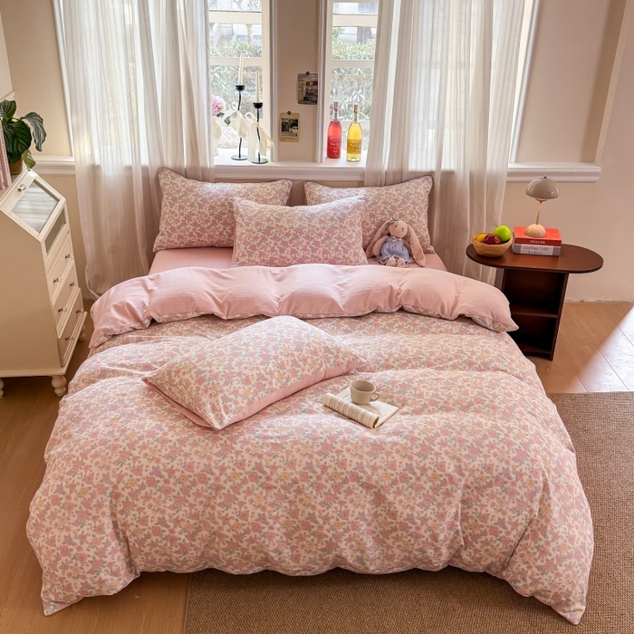 91家纺网 家纺一手货源 找家纺 鑫佳居 2026新款水洗针织提花双层纱四件套 春日花香